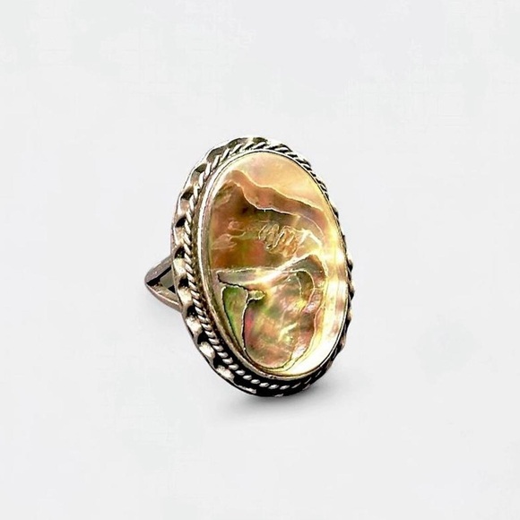 Native American Jewelry - 70s Vtg Native Statement Abalone, Mother of Pearl Ring w/Sterling Rope Frame